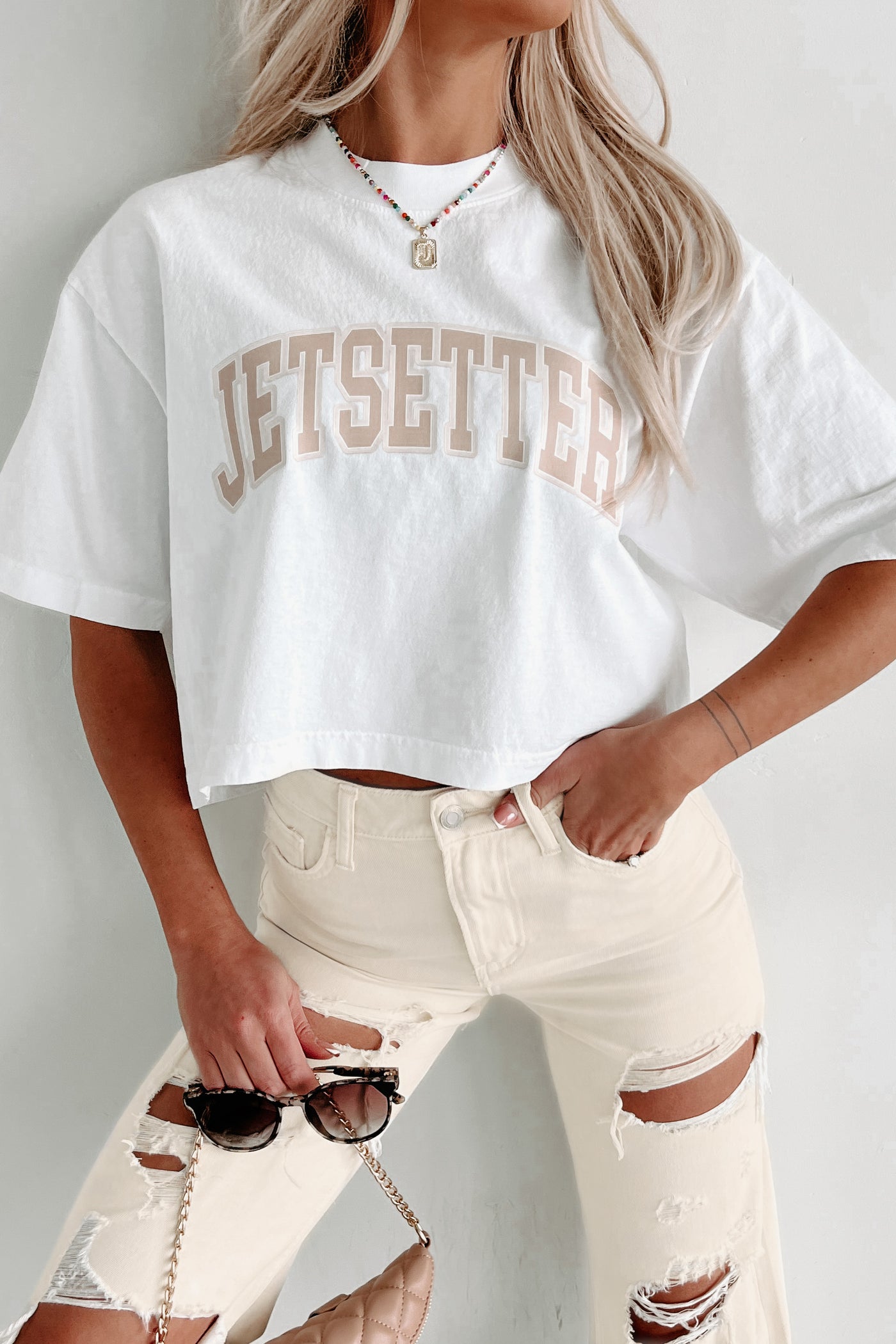 "Jetsetter" Oversized Graphic Crop Tee (White) - Print On Demand - NanaMacs