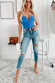 Call My Agent Strapless Deep V-Neck Bodysuit (Malibu Blue) - NanaMacs