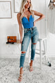 Call My Agent Strapless Deep V-Neck Bodysuit (Malibu Blue) - NanaMacs