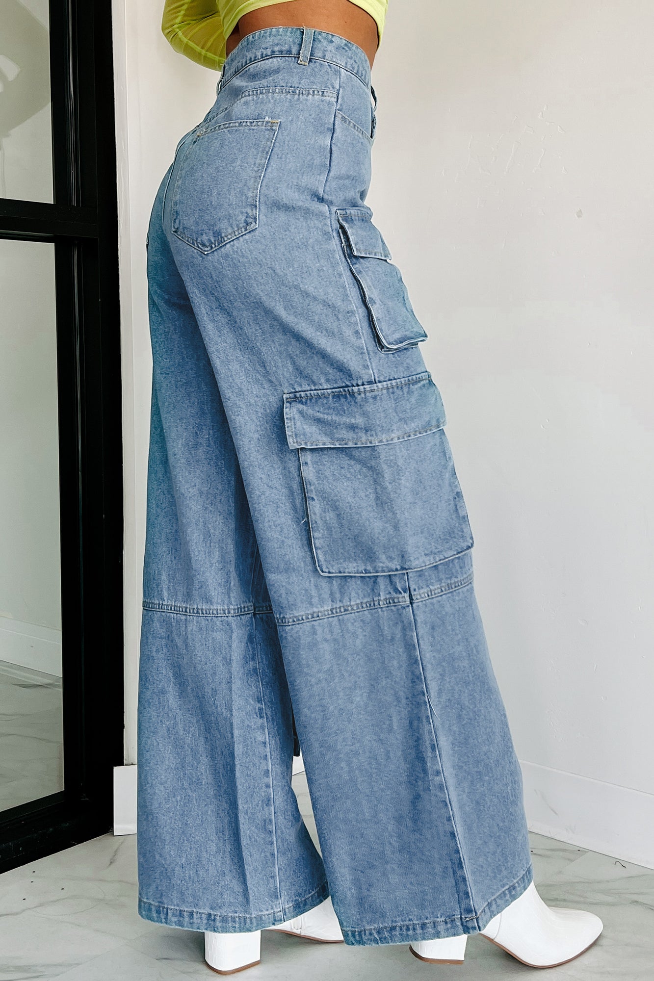 Smooth Talker Wide Leg Cargo Jeans (Blue Denim) - NanaMacs