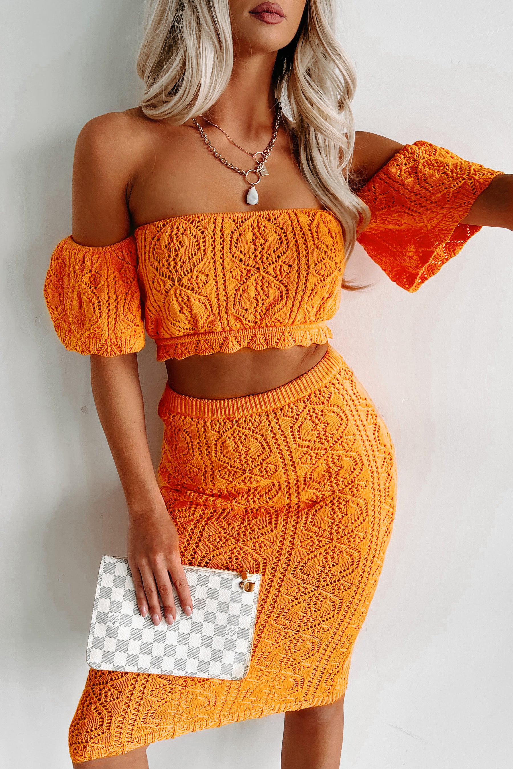 Alongside You Crochet Two Piece Skirt Set (Orange) - NanaMacs