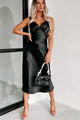 Evening Plans Lace Trim Satin Midi Dress (Black) - NanaMacs
