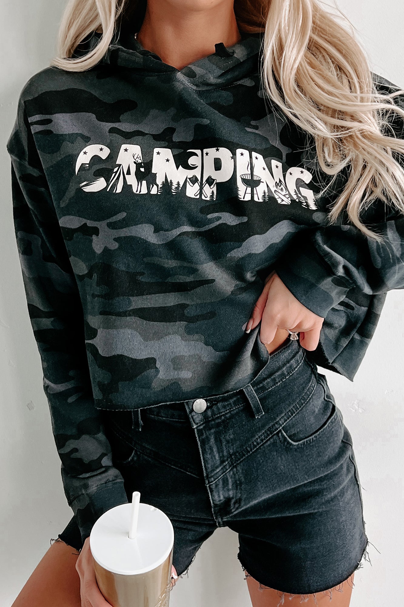 Let's Camp Cropped Graphic Hoodie (Black Camo) - Print On Demand - NanaMacs