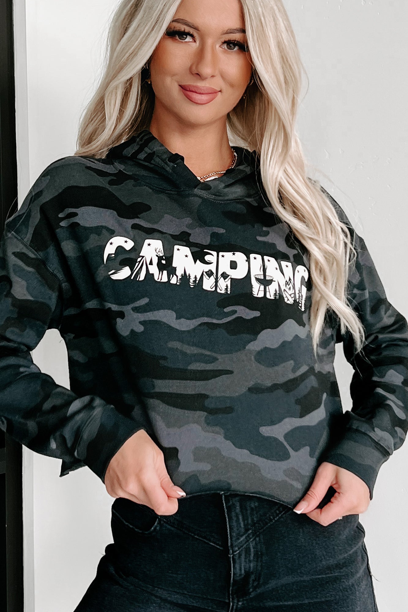 Let's Camp Cropped Graphic Hoodie (Black Camo) - Print On Demand - NanaMacs