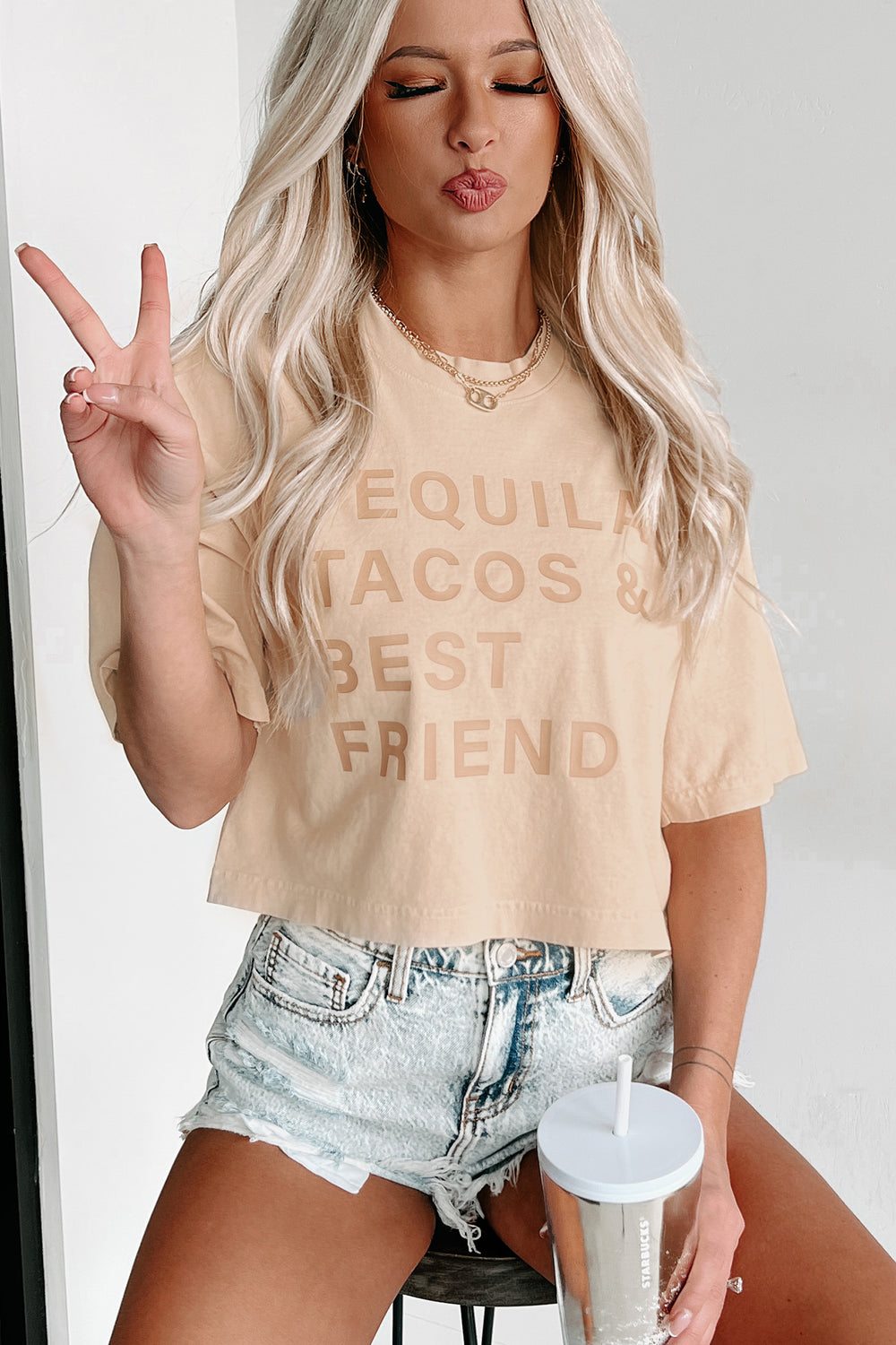 "Tequila, Tacos & Best Friends" Boxy Fit Graphic Crop Tee (Beige) - Print On Demand - NanaMacs