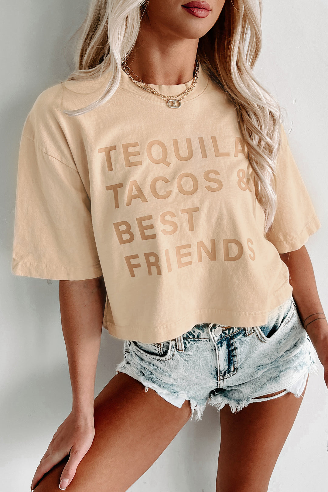 "Tequila, Tacos & Best Friends" Boxy Fit Graphic Crop Tee (Beige) - Print On Demand - NanaMacs