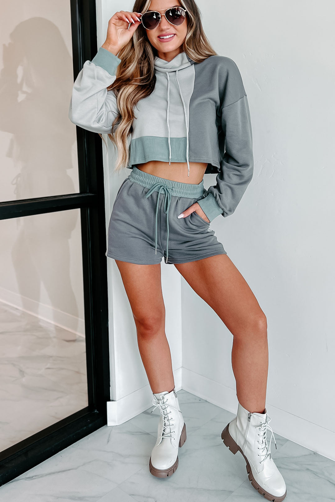 In Relaxation Mode Colorblock Two-Piece Shorts Set (Grey) - NanaMacs