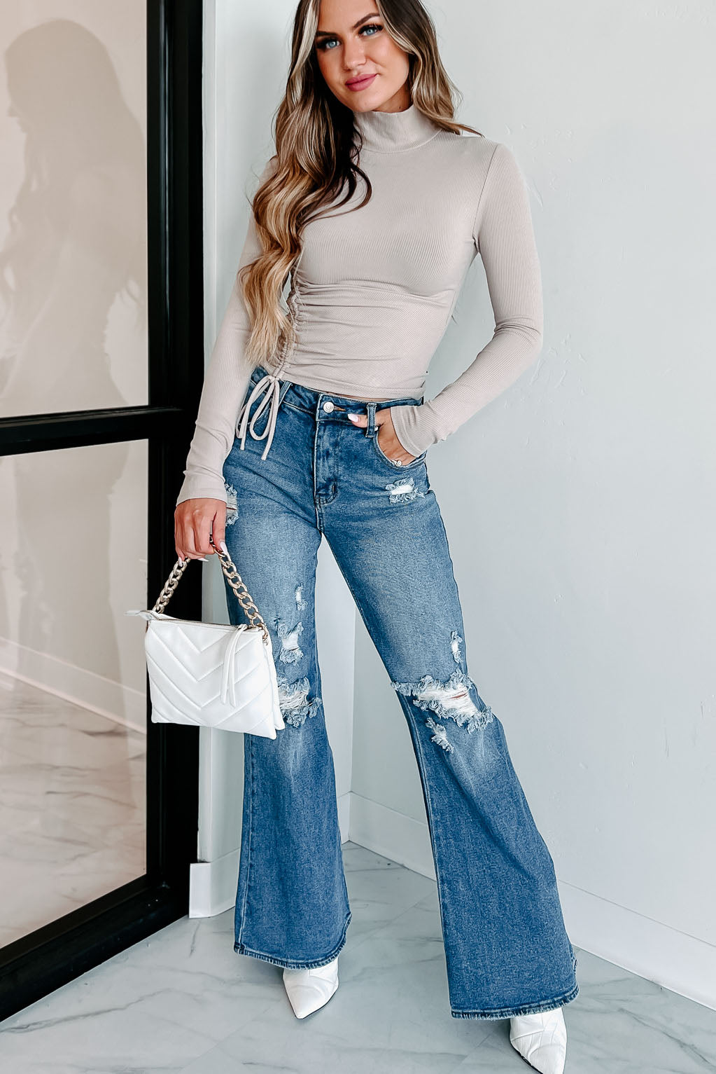 Free To Decide Ruched Long Sleeve Top (Beige) - NanaMacs