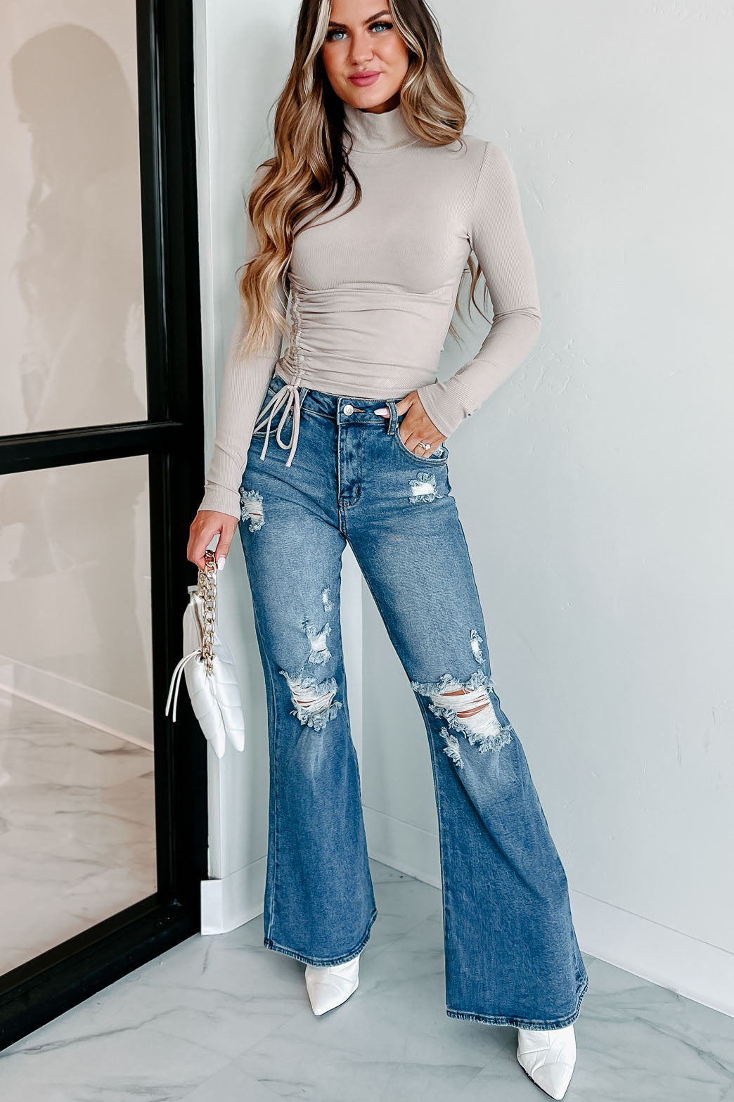 Free To Decide Ruched Long Sleeve Top (Beige) - NanaMacs