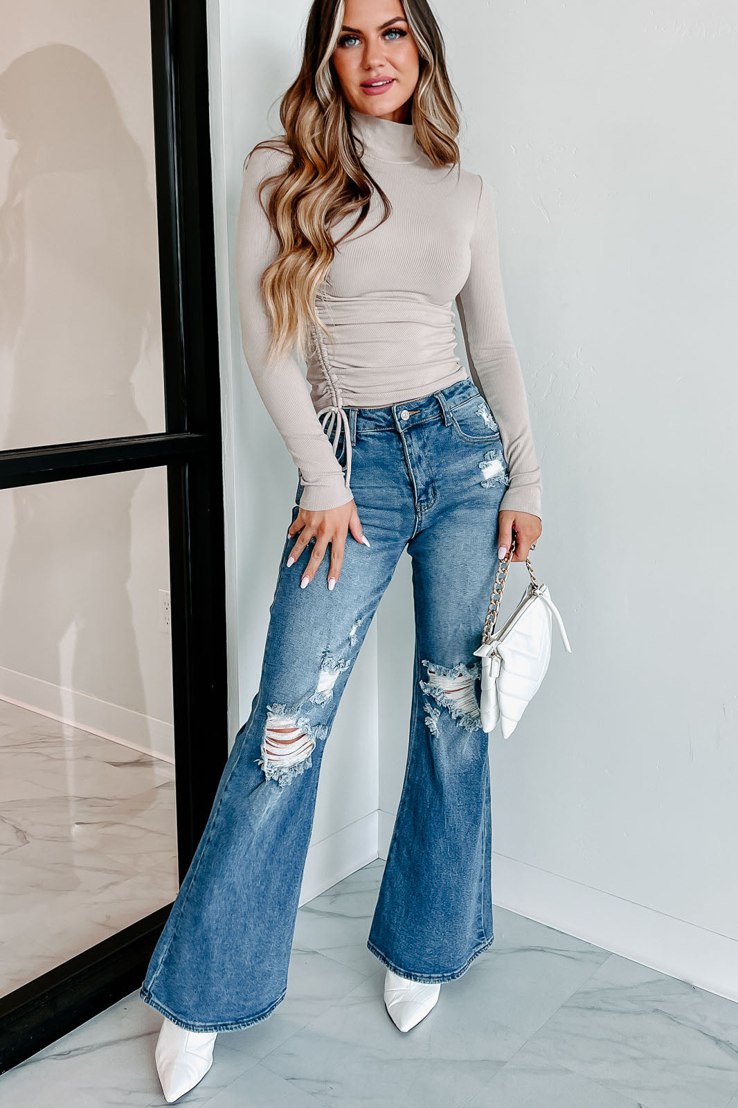 Free To Decide Ruched Long Sleeve Top (Beige) - NanaMacs