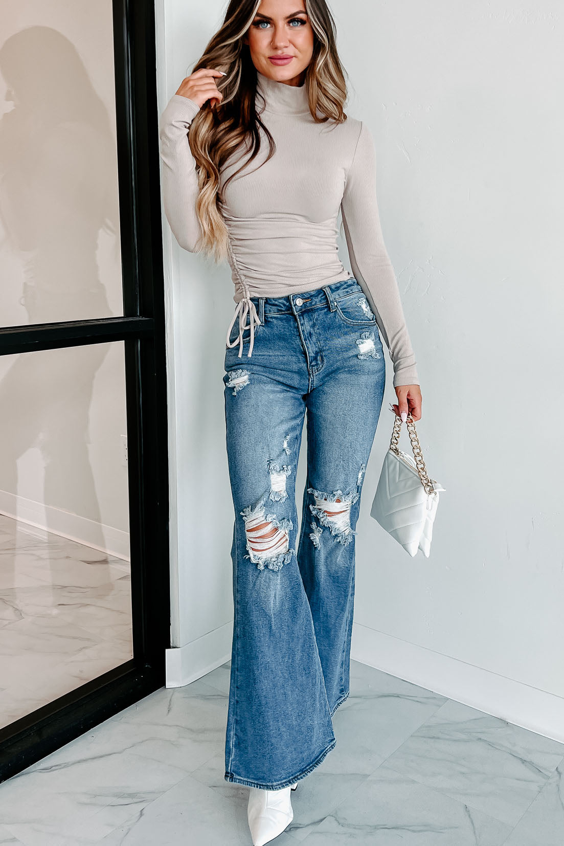 Free To Decide Ruched Long Sleeve Top (Beige) - NanaMacs