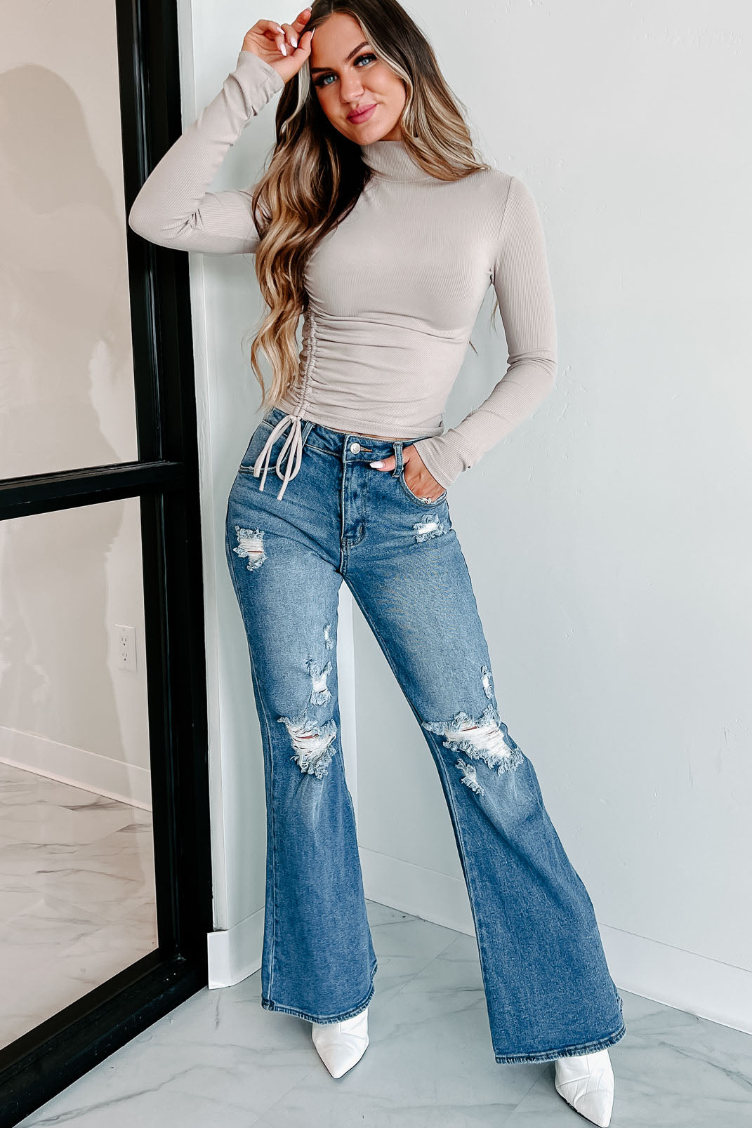 Free To Decide Ruched Long Sleeve Top (Beige) - NanaMacs