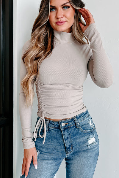 Free To Decide Ruched Long Sleeve Top (Beige) - NanaMacs