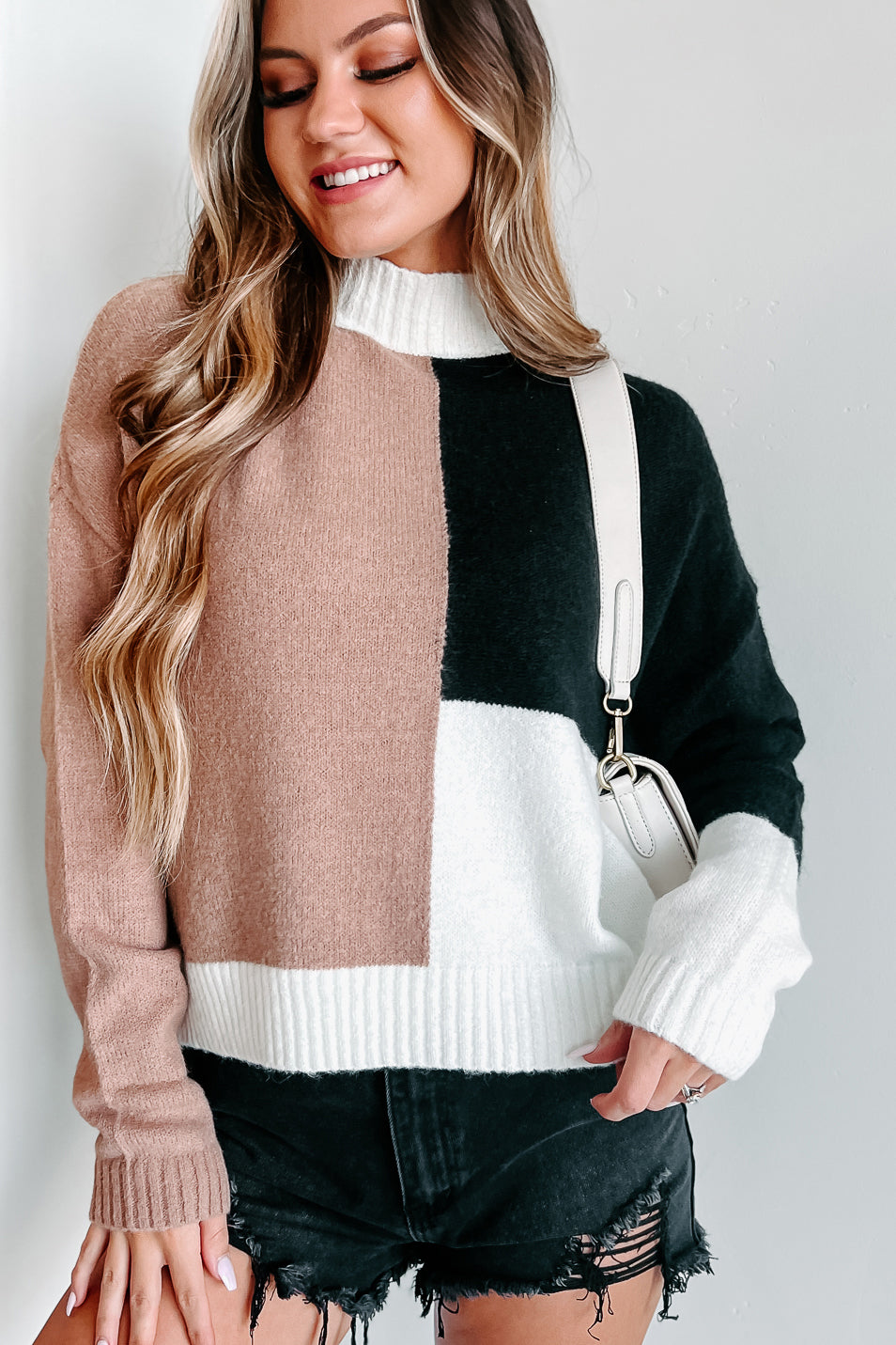 Mollie Colorblock Mock Neck Sweater (Brown/Black/White) - NanaMacs