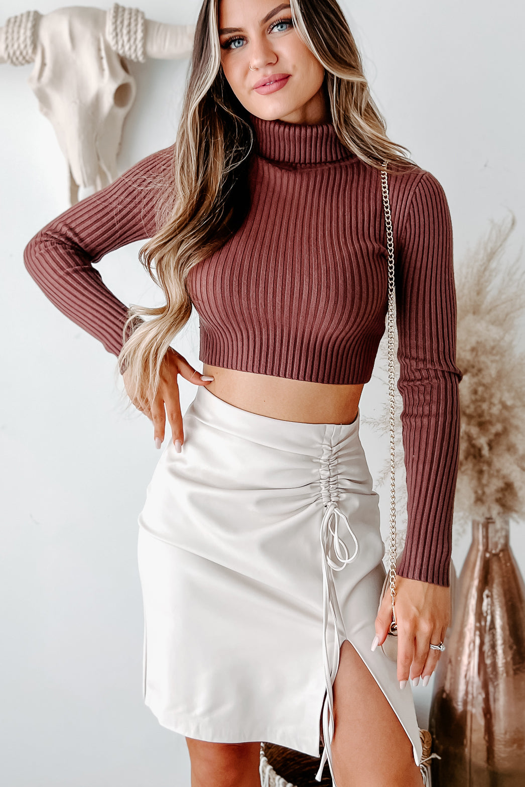 Keeping It Stylish Turtleneck Cropped Long Sleeve Top (Brown) - NanaMacs