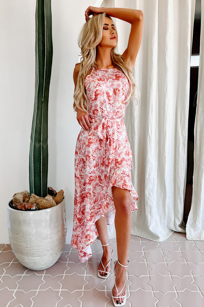 Daylla Floral Asymmetrical Hem Midi Dress (Cream/Blush Multi) - NanaMacs