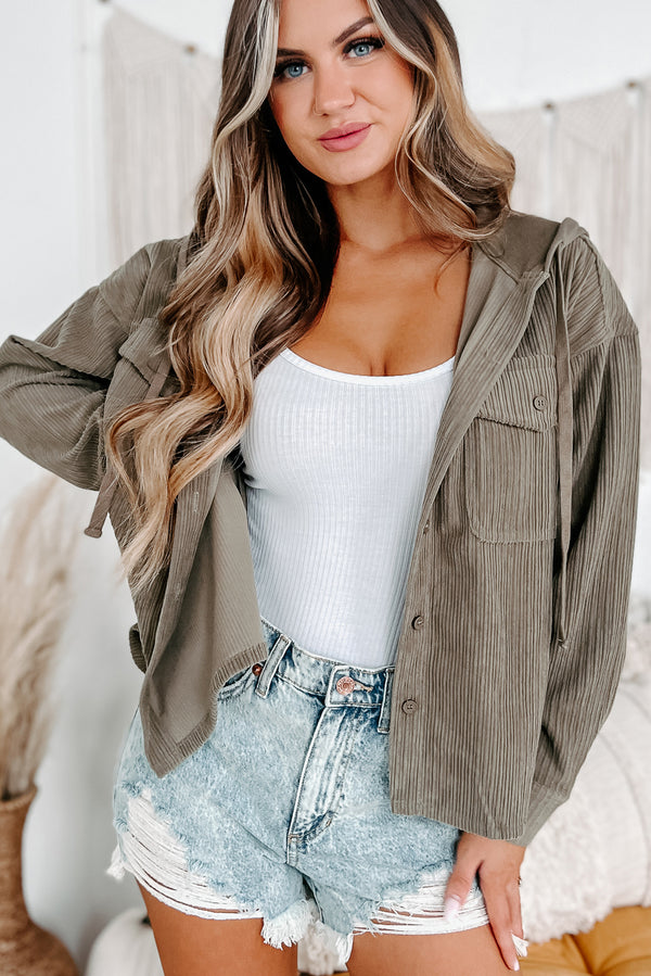 Lasting Feeling Corduroy Hooded Shacket (Olive) - NanaMacs