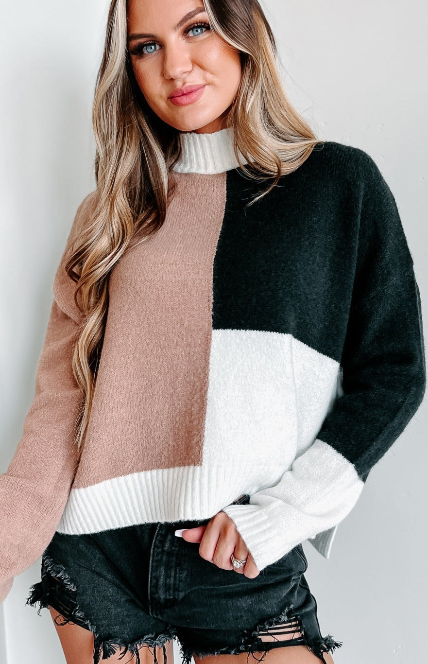 Mollie Colorblock Mock Neck Sweater (Brown/Black/White) - NanaMacs