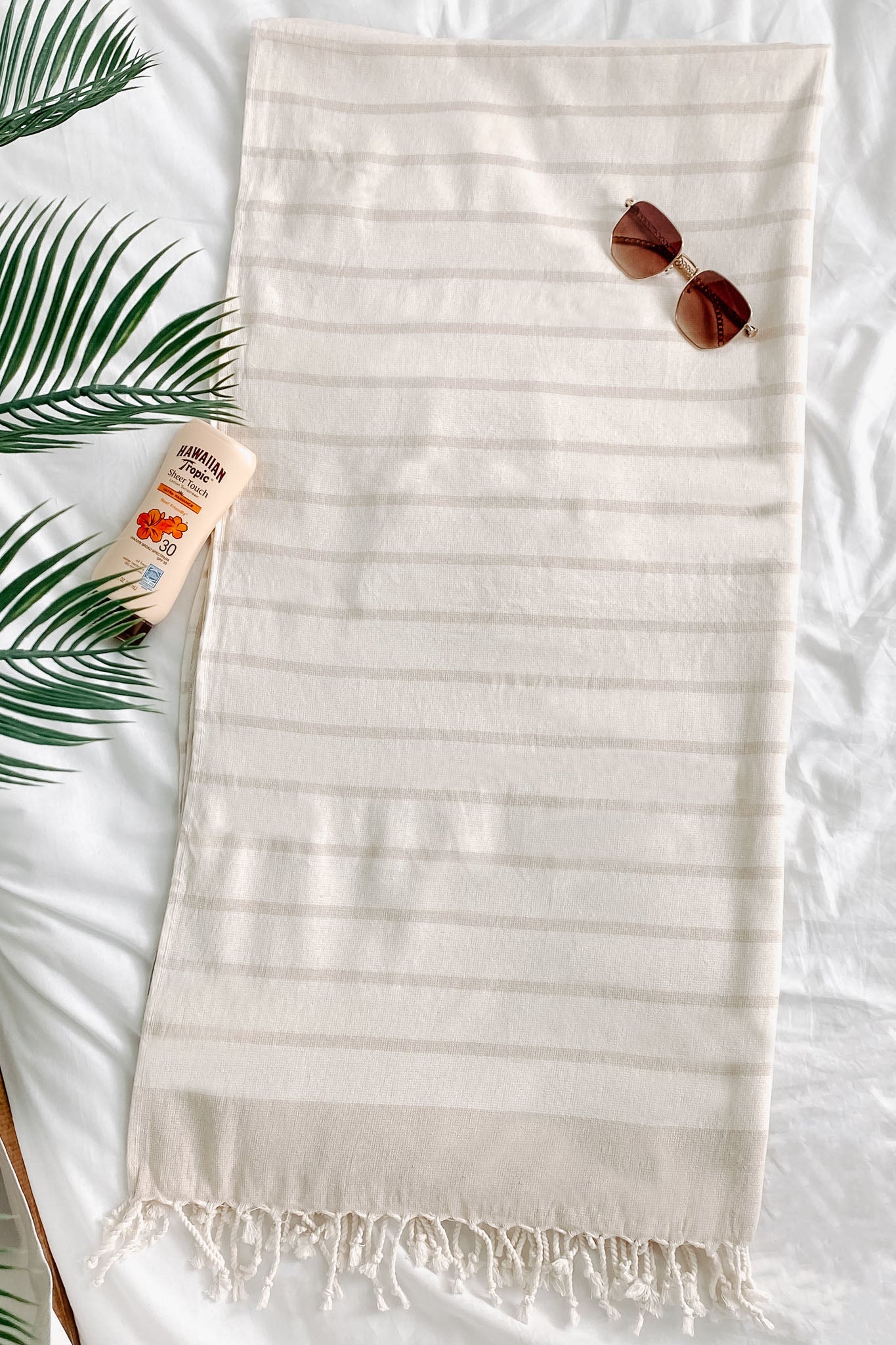 Beach Days Striped Tasseled Beach Towel (Beige) - NanaMacs