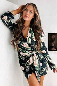 Dreaming Of Sunny Days Tropical Print Wrap Dress (Black) - NanaMacs