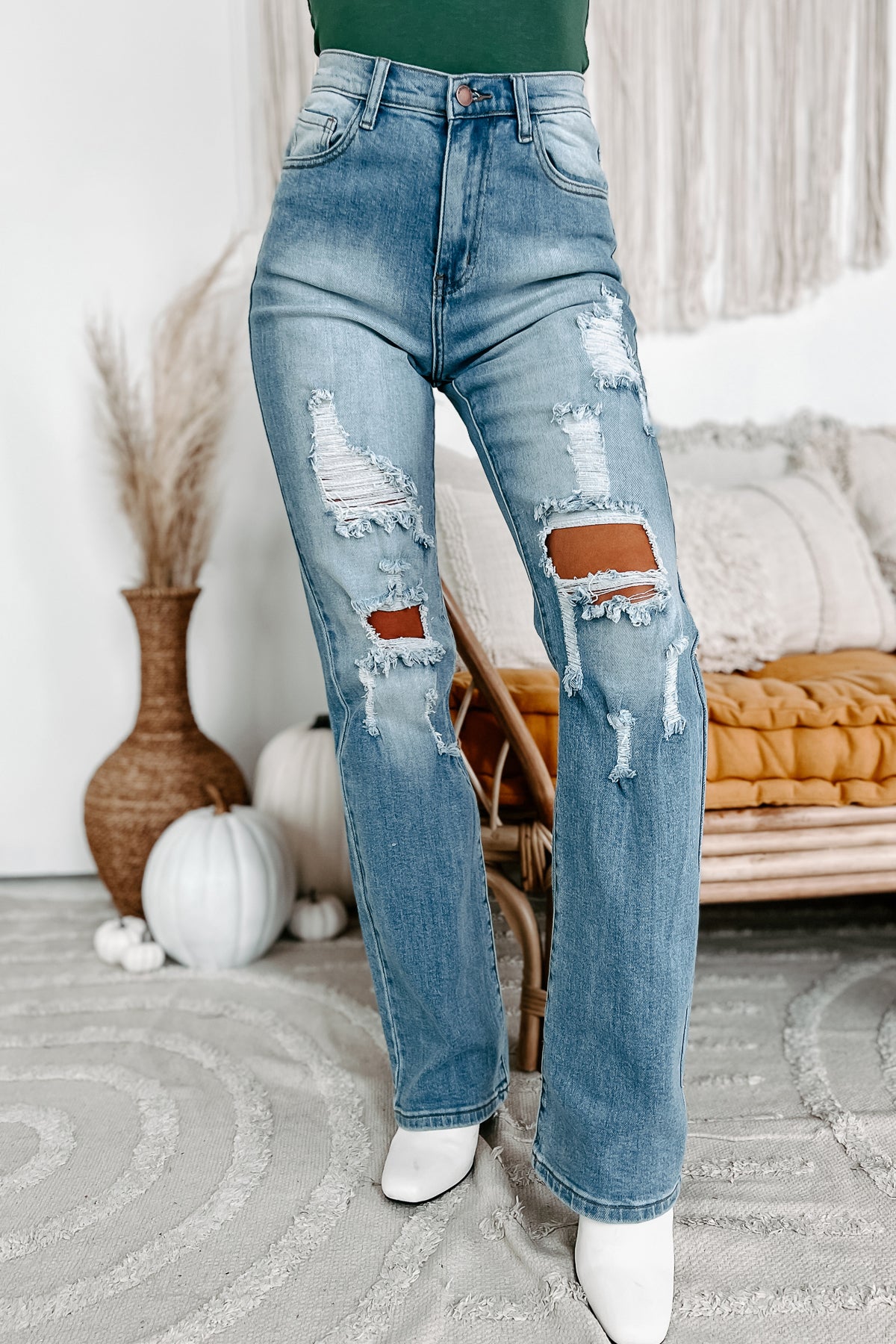 Gwyneth High Rise Wide Leg Distressed Jeans (Medium/Light) - NanaMacs