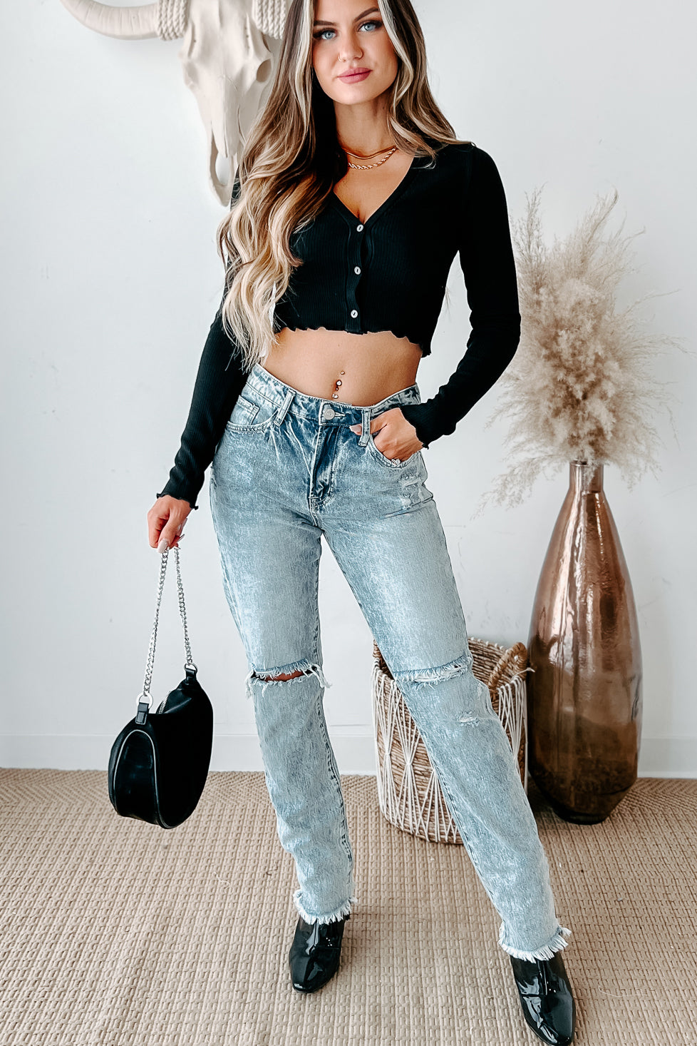 Changing Your Story Ribbed Button-Front Crop Top (Black) - NanaMacs