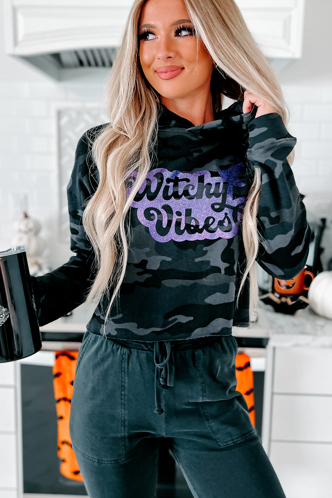 "Witchy Vibes" Cropped Glitter Graphic Hoodie (Black Camo) - Print On Demand - NanaMacs