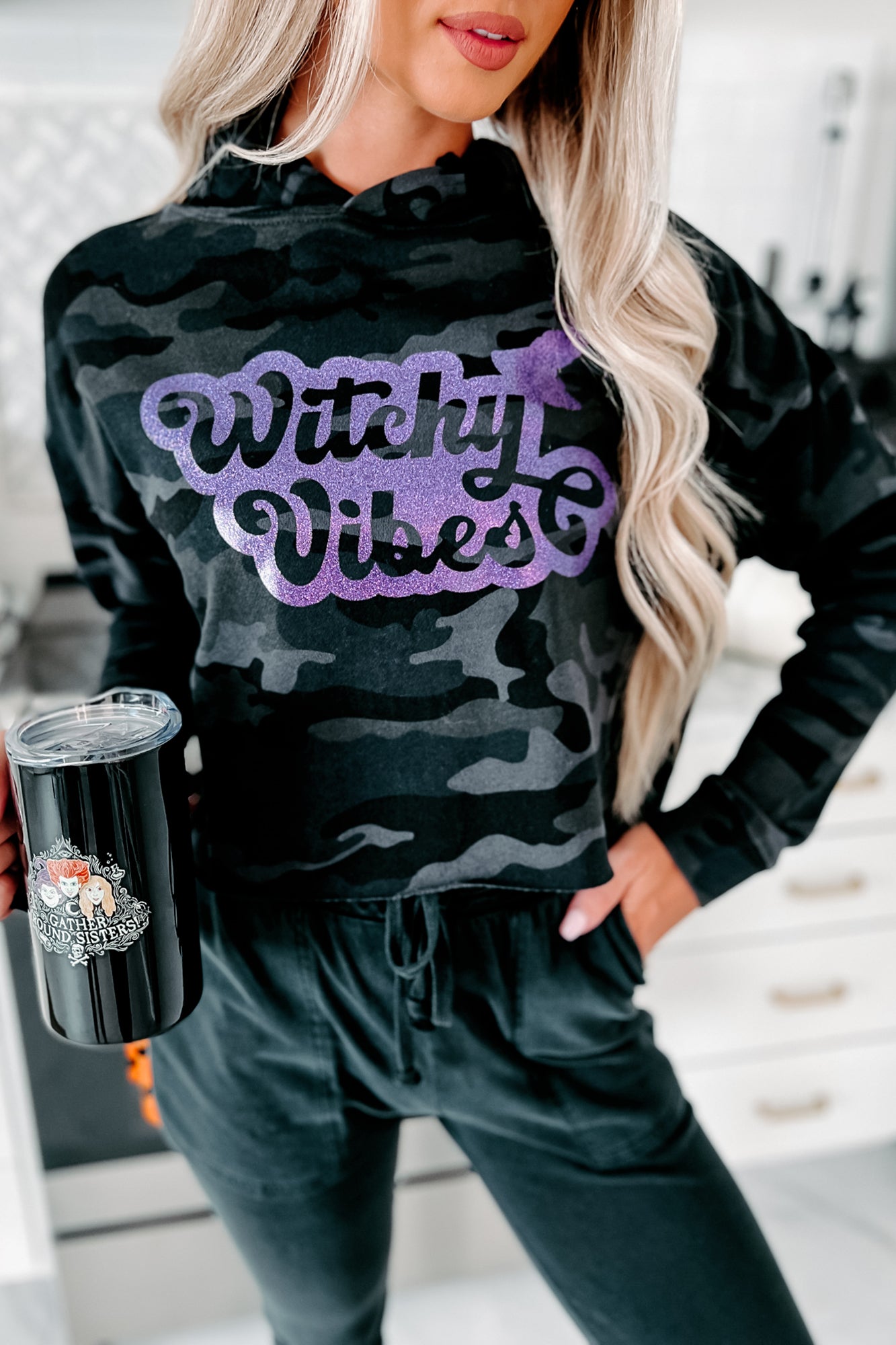 "Witchy Vibes" Cropped Glitter Graphic Hoodie (Black Camo) - Print On Demand - NanaMacs