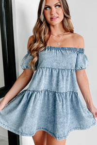 Sweet Embrace Off The Shoulder Denim Mini Dress (Washed Blue) - NanaMacs