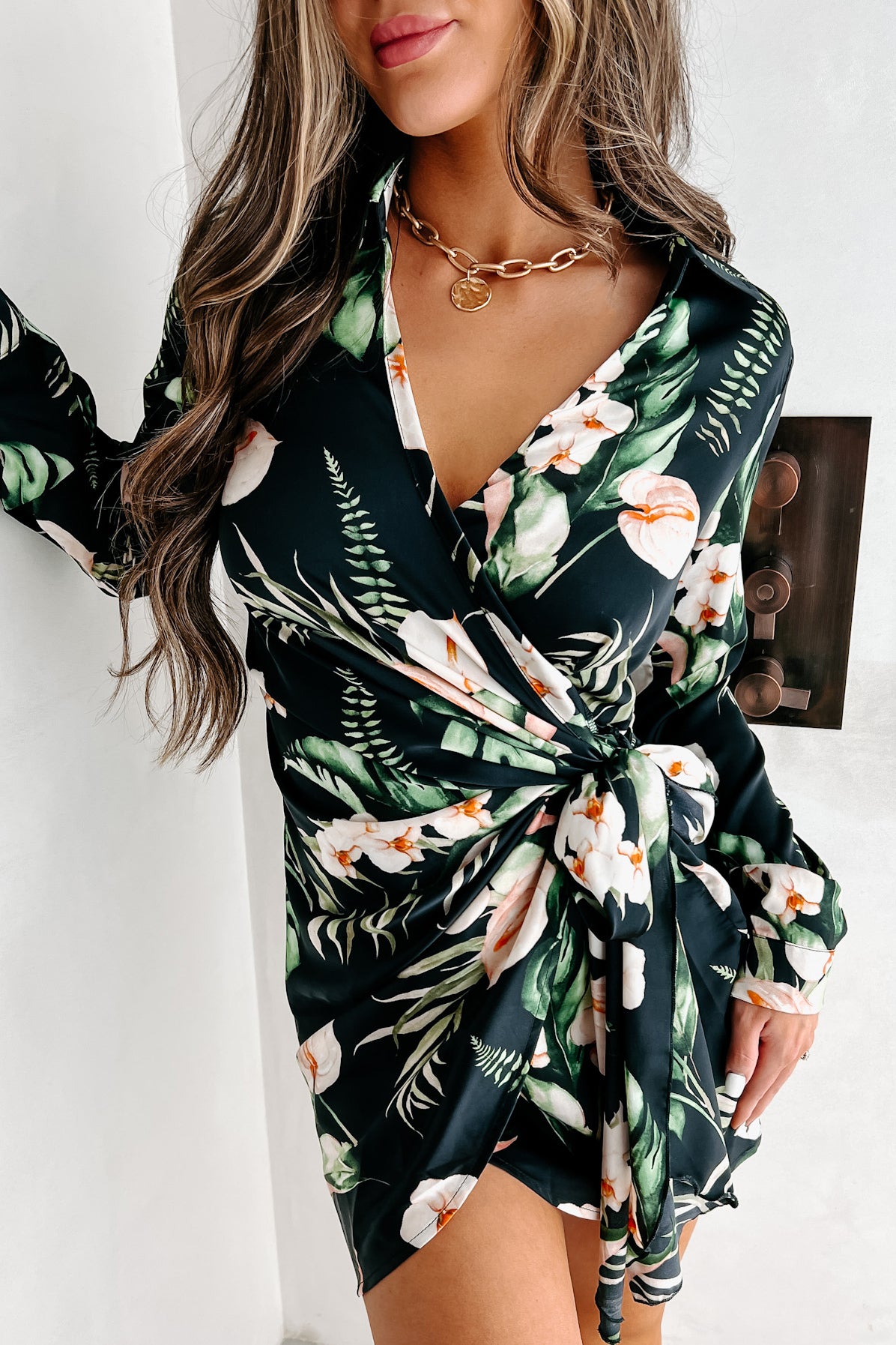 Dreaming Of Sunny Days Tropical Print Wrap Dress (Black) - NanaMacs