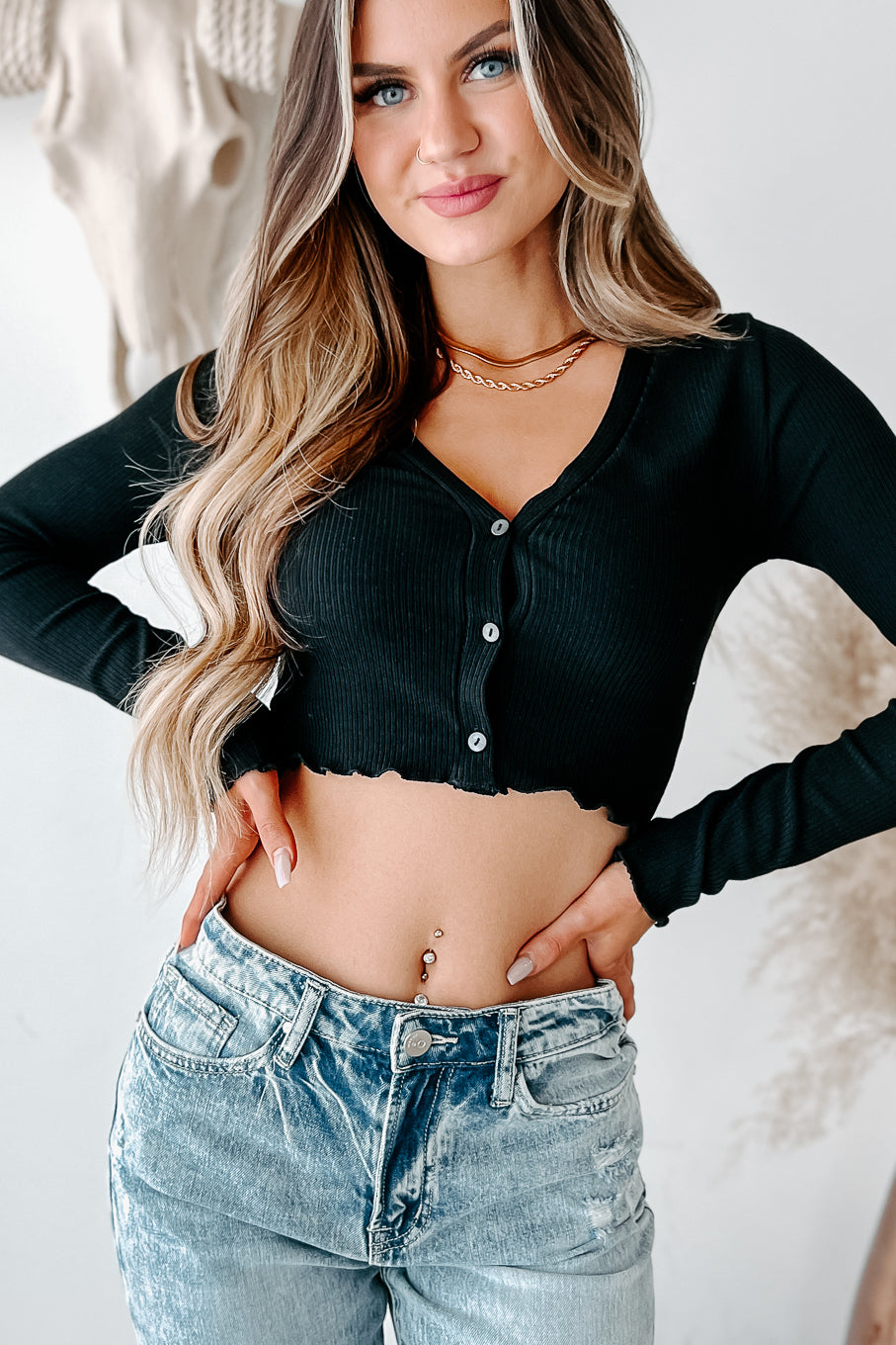 Changing Your Story Ribbed Button-Front Crop Top (Black) - NanaMacs