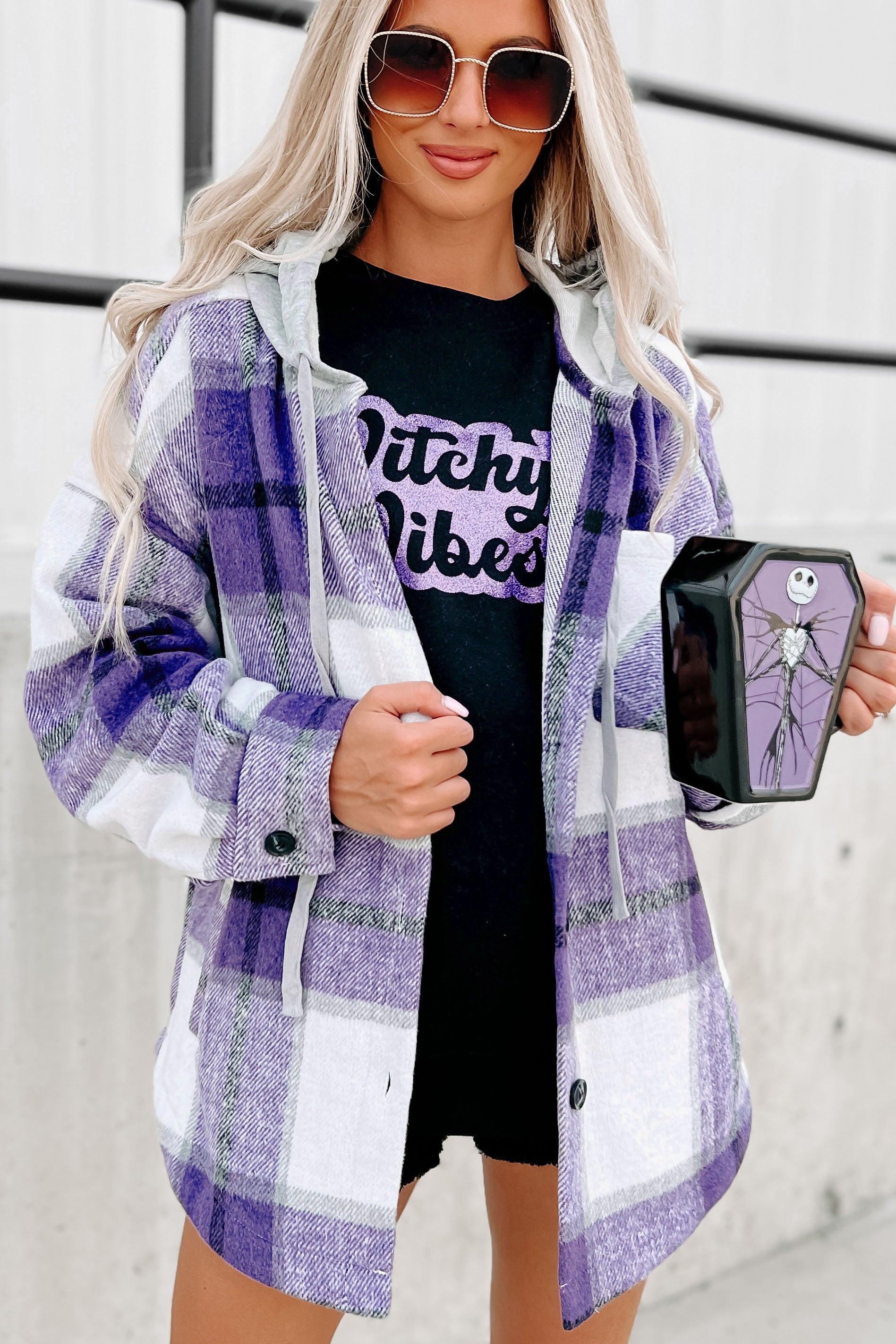 Plaid To Be Here Hooded Shacket (Purple) - NanaMacs