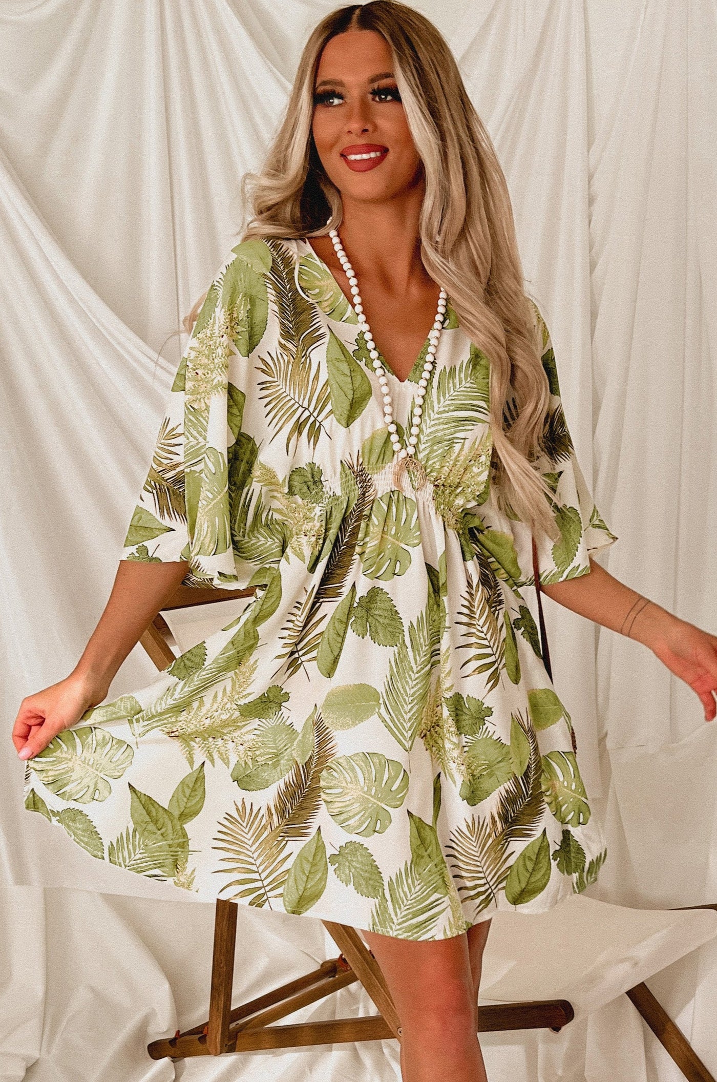 In Total Disbe-Leaf Leaf Print Kimono Dress (Ivory/Green) - NanaMacs