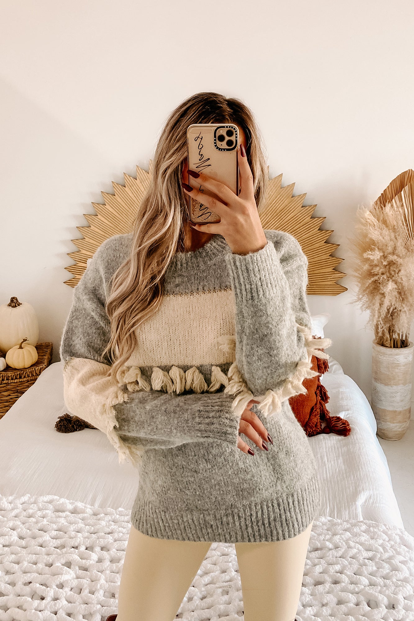 Seasonal Shift Tassel Trimmed Sweater (Heather Grey/Cream) - NanaMacs