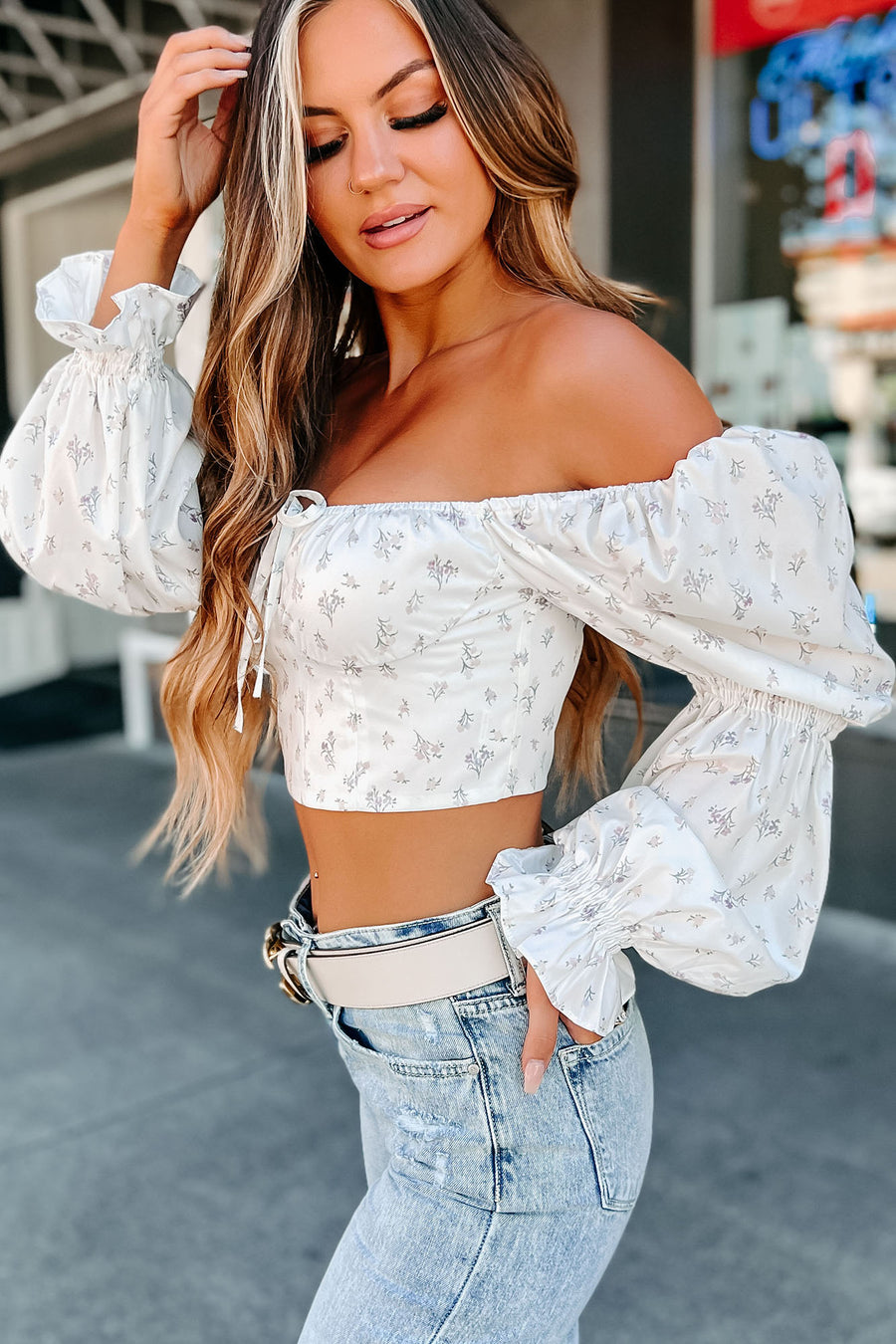 Gather Your Thoughts Floral Puff Shoulder Crop Top (White) - NanaMacs