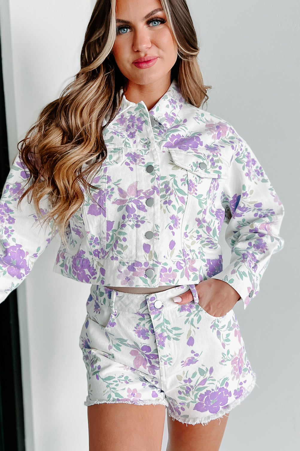 Beautiful Blooms Floral Printed Denim Jacket (White/Purple Floral) - NanaMacs