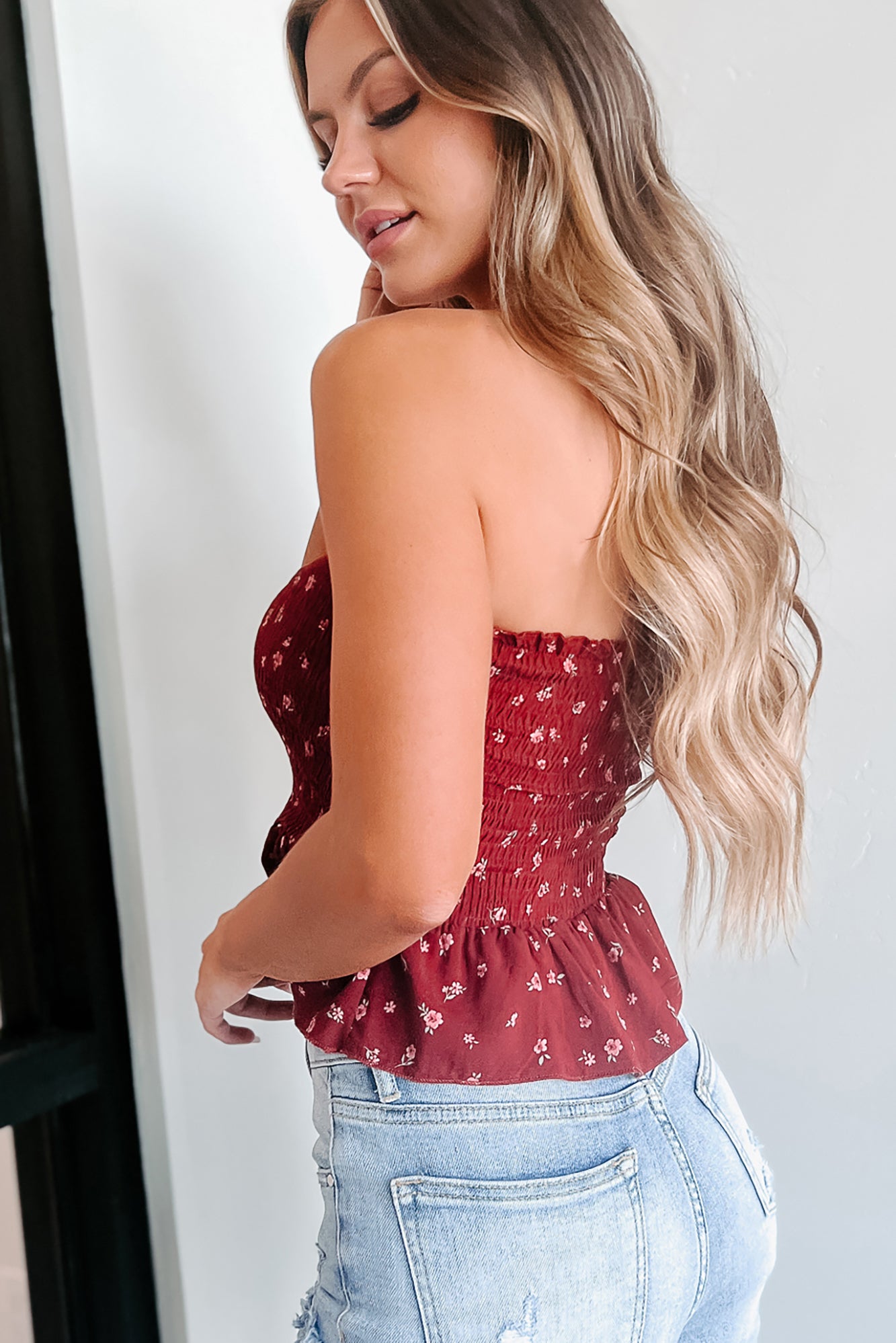 Hold That Thought Smocked Floral Tube Top (Wine) - NanaMacs