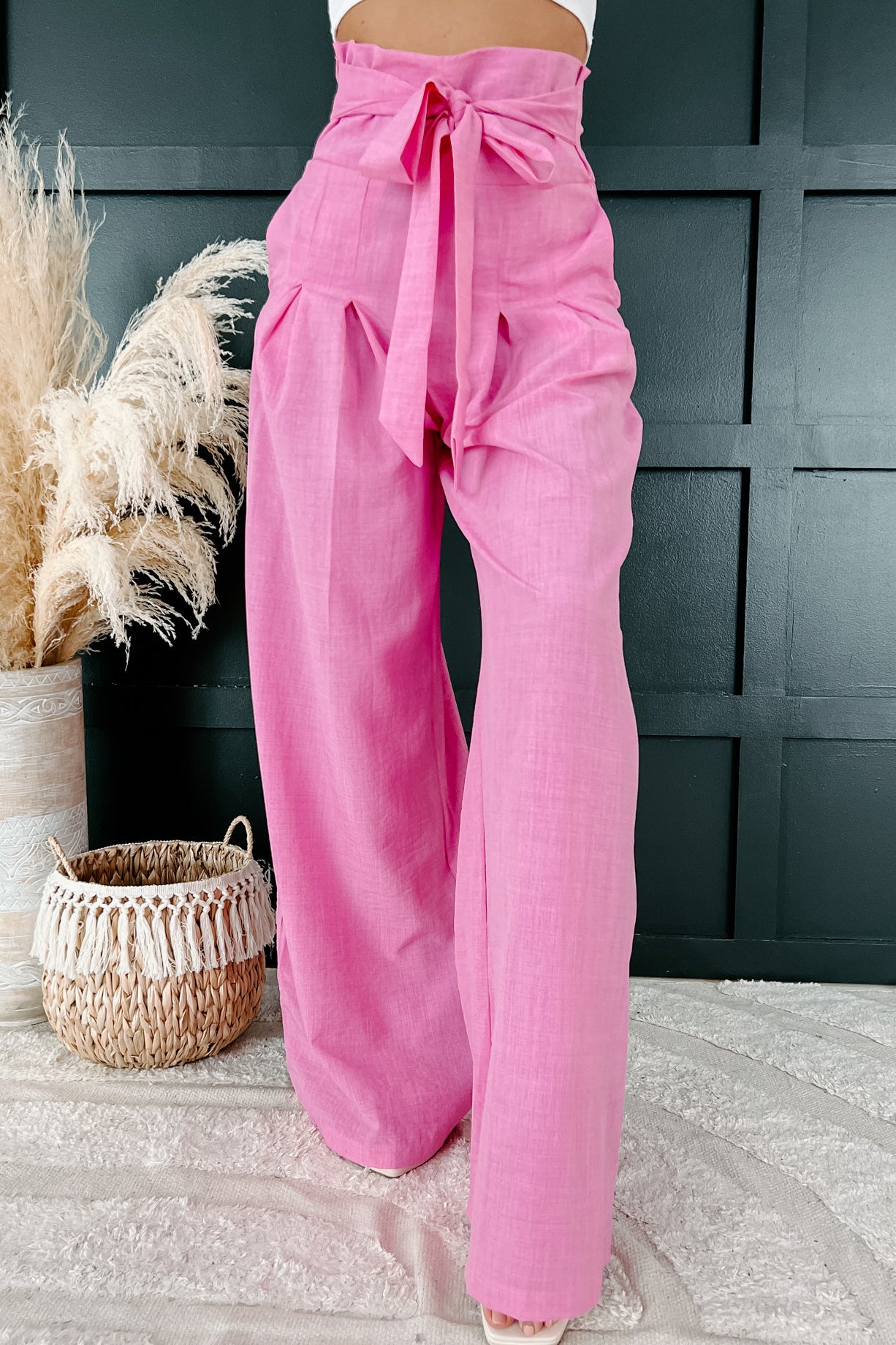 Loud And Clear Tie Waist High Rise Wide Leg Pants (Pink) - NanaMacs