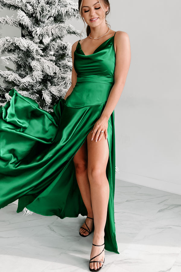 Desires Of The Heart Satin Cowl Neck Maxi Dress (Emerald) - NanaMacs