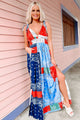Bold Opinions Tie-Strap Bandana Print Maxi Dress (Blue/Red) - NanaMacs