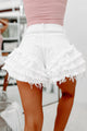 Ruffled And Ready Tiered Ruffle Raw Hem Shorts (White) - NanaMacs