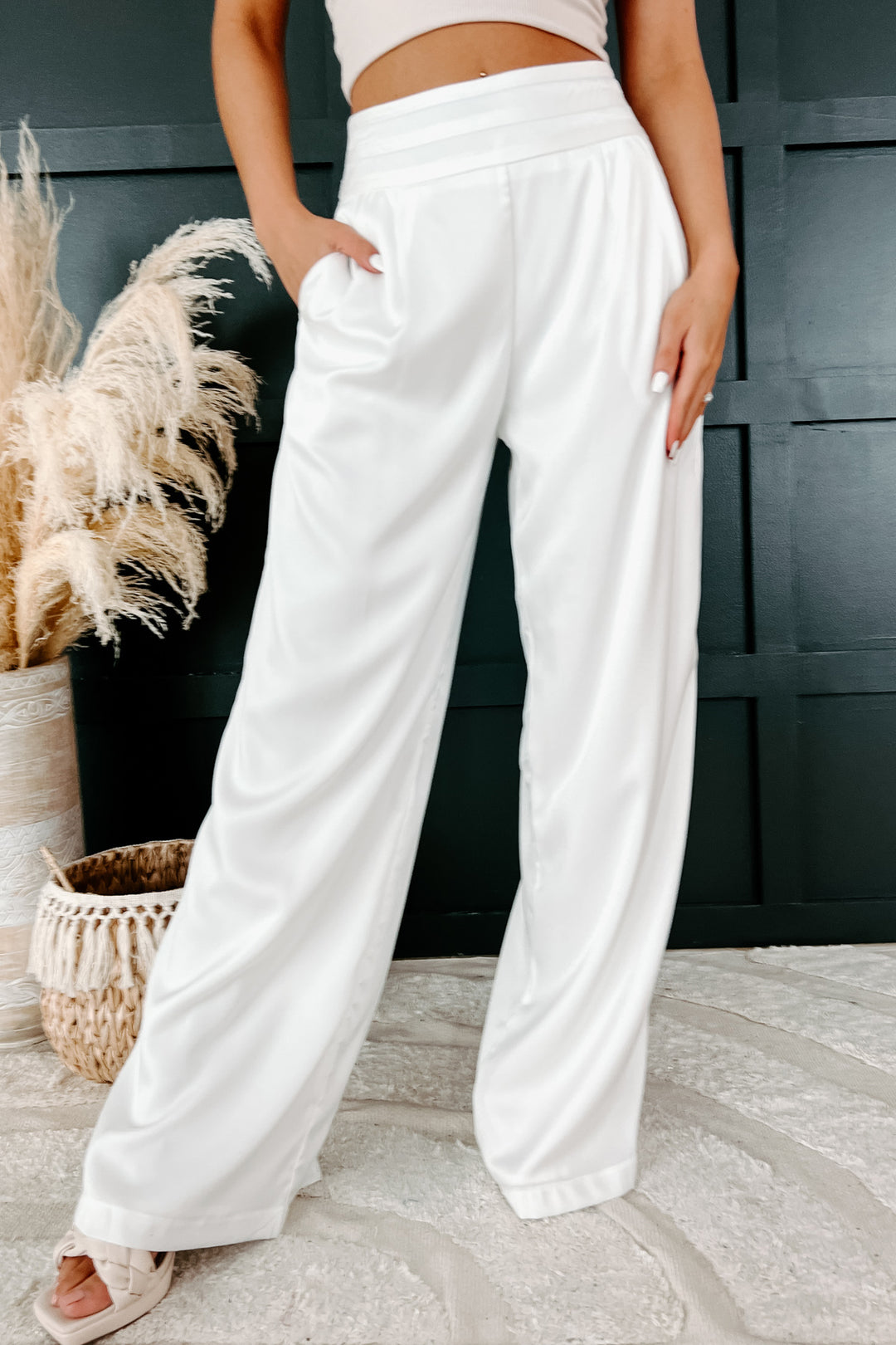 Meaning Business High Rise Satin Wide Leg Pants (Off White) - NanaMacs