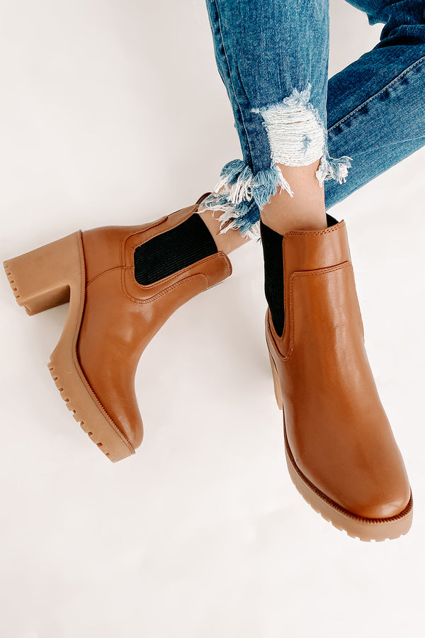 Zafrina Chunky Faux Leather Platform Bootie (Camel) - NanaMacs