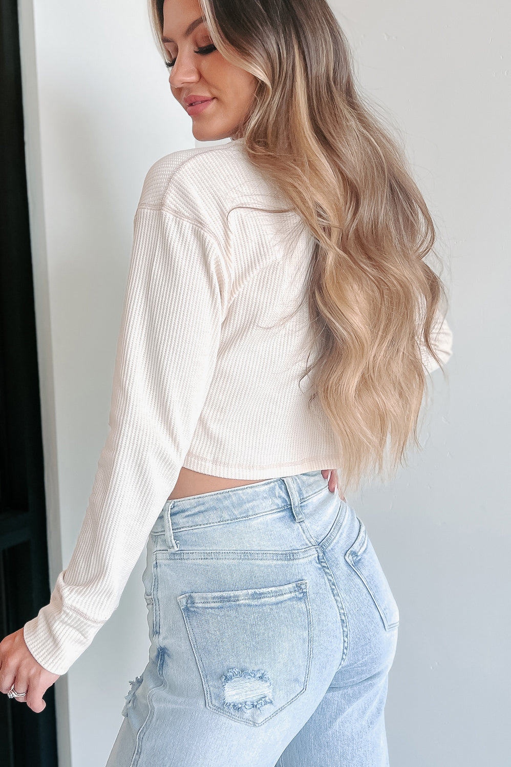 Always Happy V-Notched Thermal Knit Crop Top (Ivory) - NanaMacs