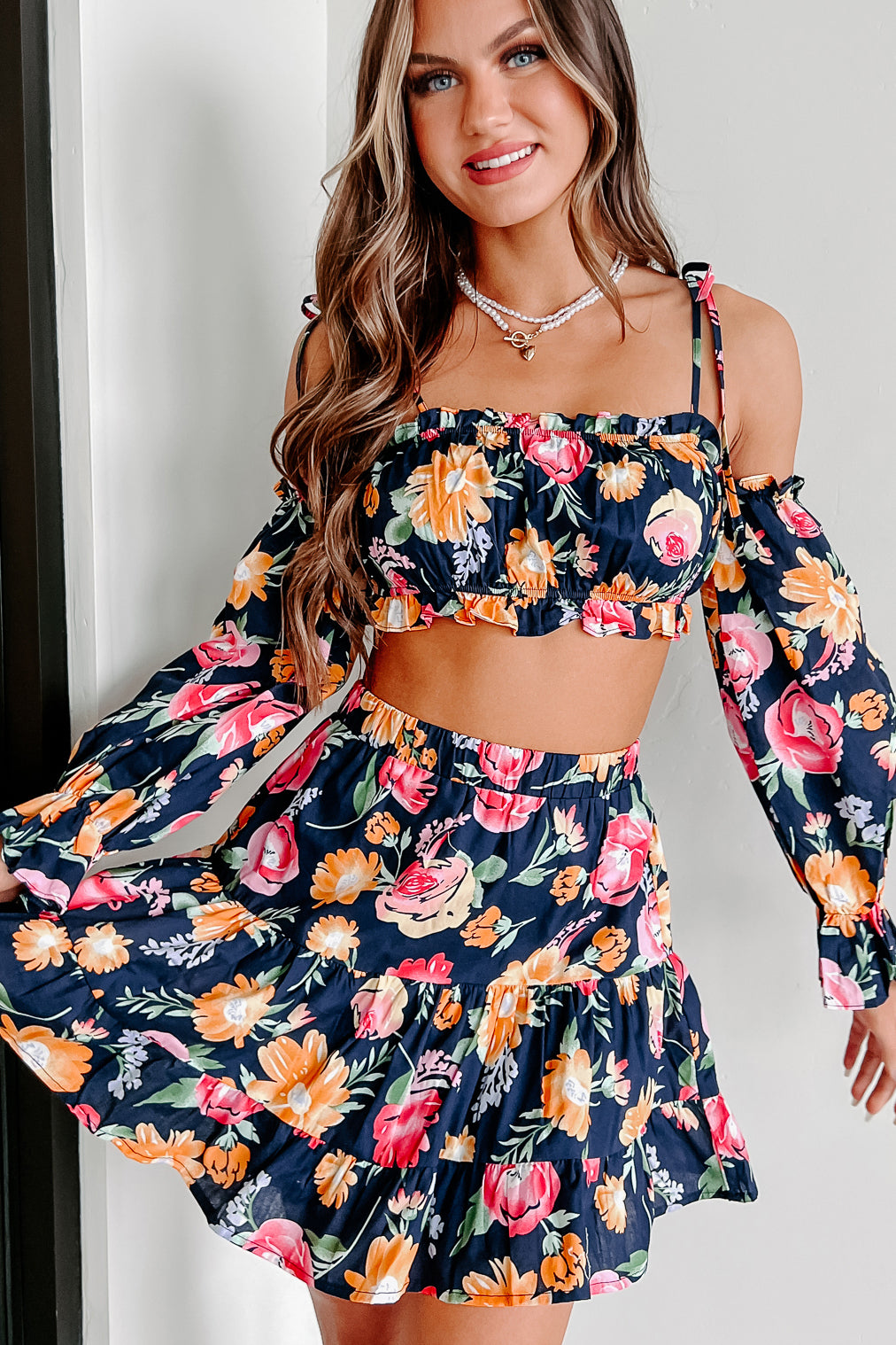 Tulum Toasts Floral Two-Piece Skirt Set (Navy Blue) · NanaMacs