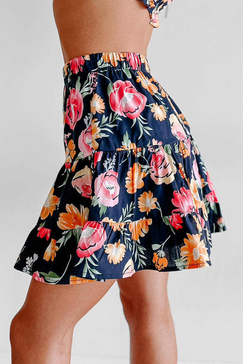 Tulum Toasts Floral Two-Piece Skirt Set (Navy Blue)