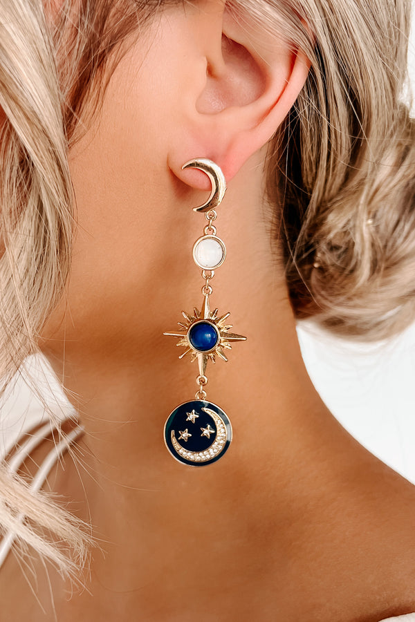 All My Stars Dangle Star And Moon Earrings (Gold/Navy) - NanaMacs