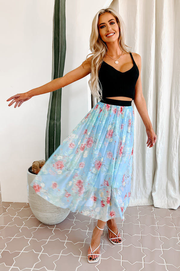 Floral Fixation Floral Midi Skirt (Blue) - NanaMacs