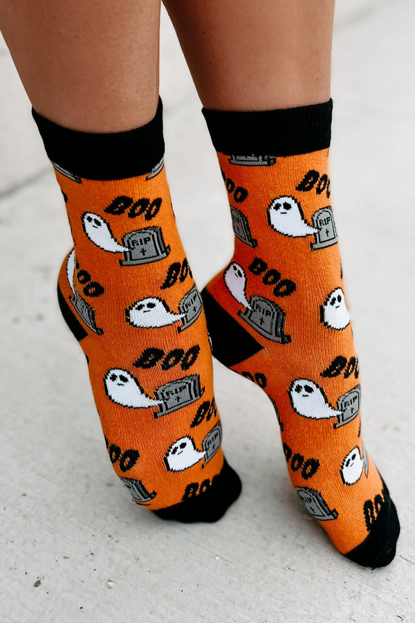 Ghosts In The Graveyard Halloween Novelty Crew Socks (Orange) - NanaMacs