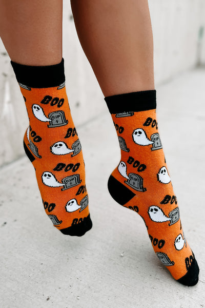 Ghosts In The Graveyard Halloween Novelty Crew Socks (Orange) - NanaMacs